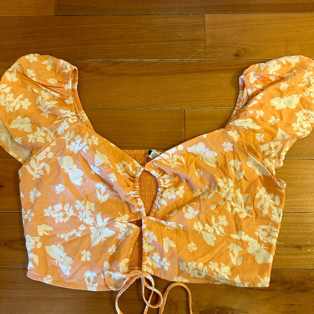 American Eagle Outfitters Orange Puff Sleeve Tie Front Blouse